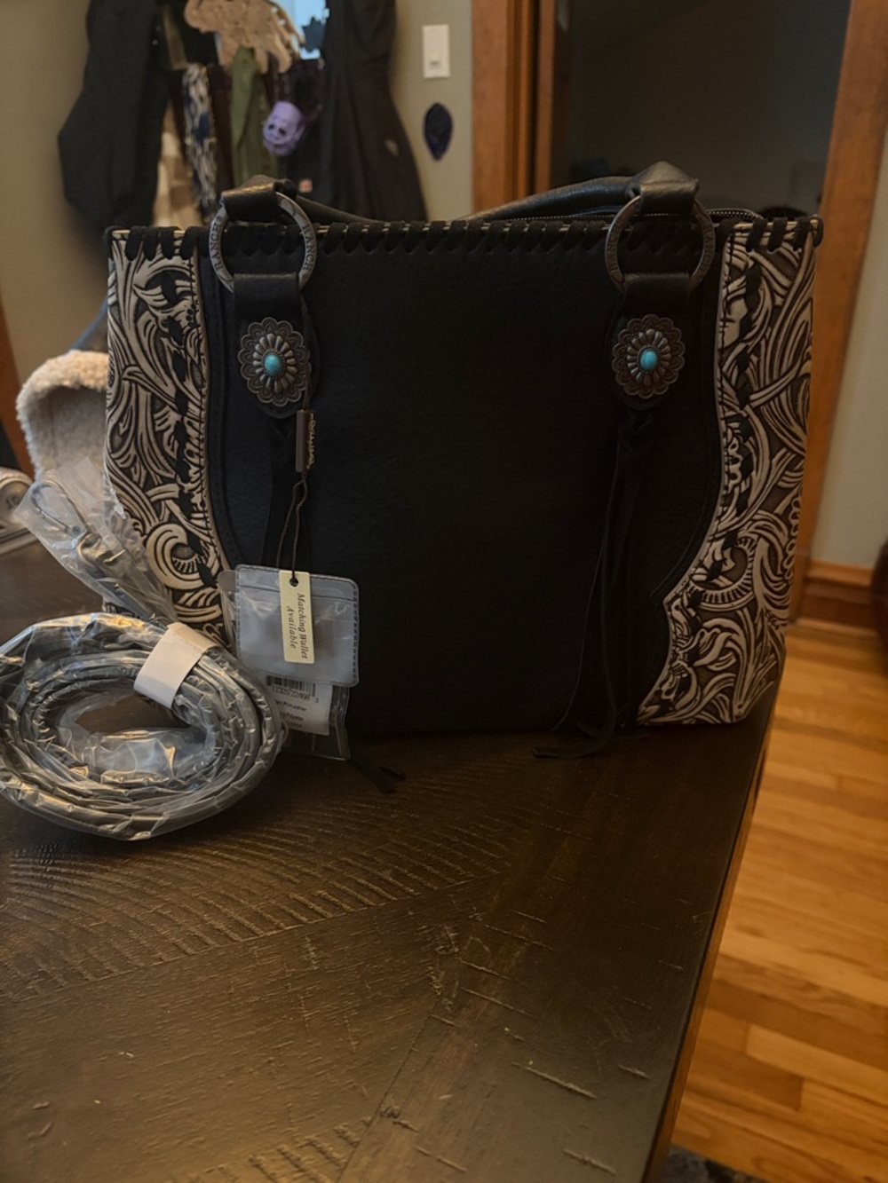 Black Patterned Tote Bag with Turquoise Concho Accents